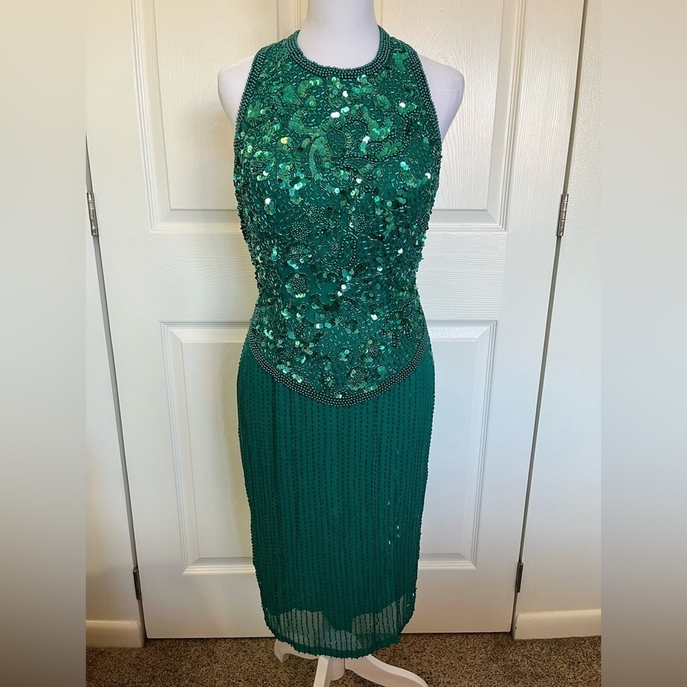 100% Silk De Oscar Collection Green Halter Beaded Vintage Dress Size 8